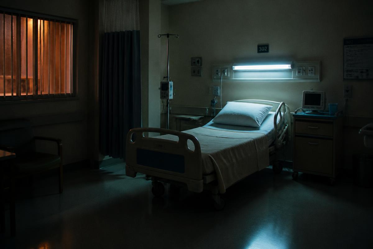 Hospital patient room set with cold overhead light