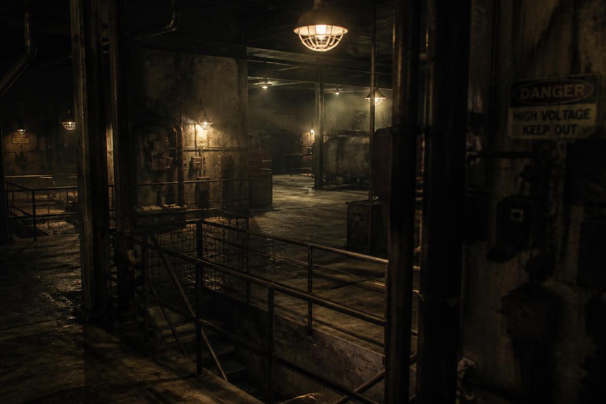 Gritty industrial set with steel, concrete and cage lamps