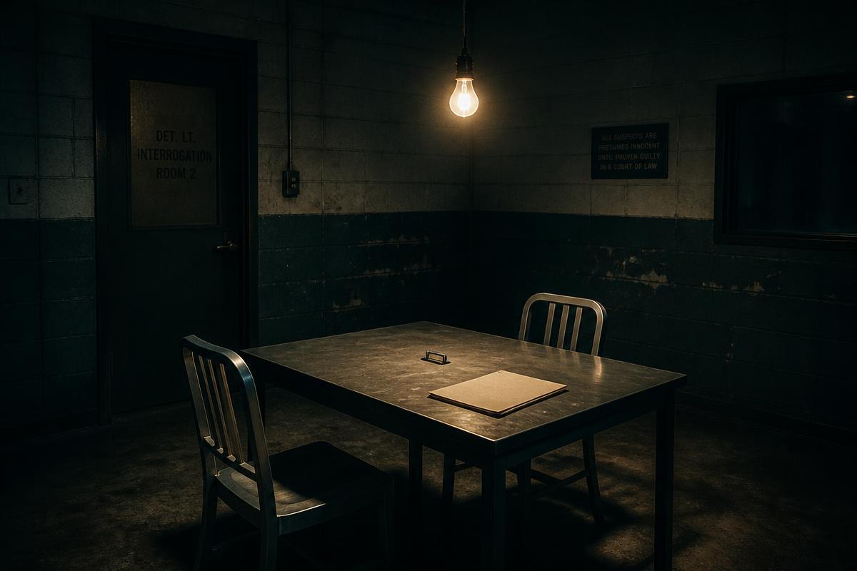 Interrogation room set with a bare bulb over a metal table