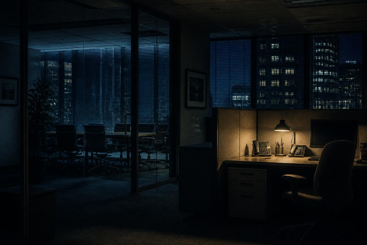 Corporate office set at night with a single desk lamp